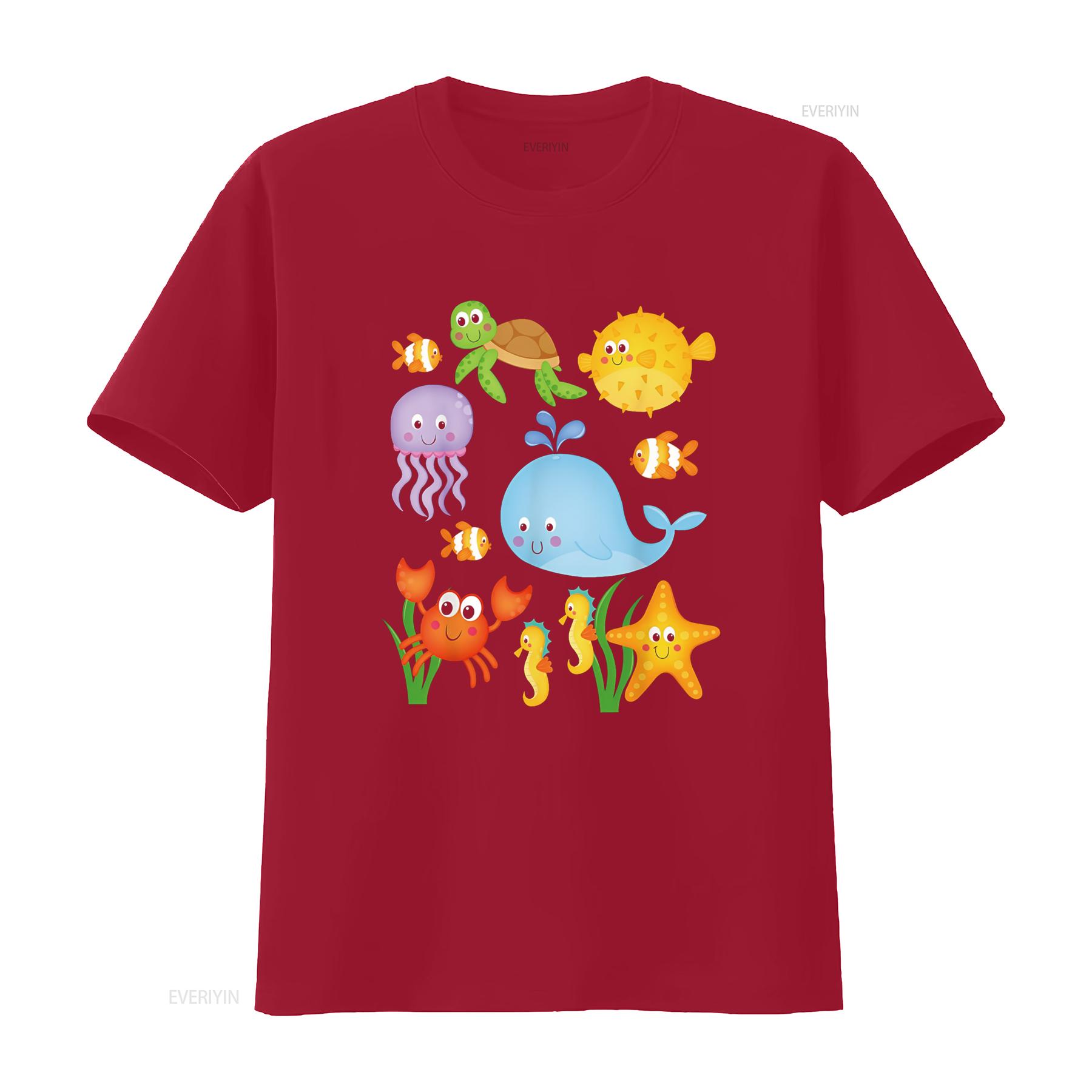 Sea Ocean Animals Whale Octopus Starfish Crab Kids Toddlers T Shirt vintage Washed Soft fashion Casual streetwear homme S