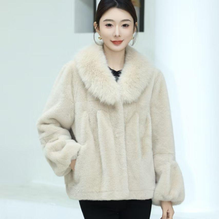 

Осенне-зимняя шуба из искусственного меха норки под золото, новая модная короткая шуба из искусственной норки, меховой воротник 3XL 155-165 слоновая кость