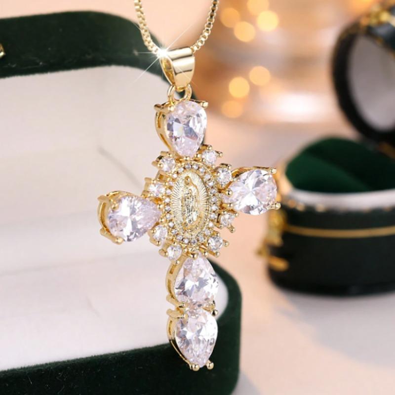 Full Diamond Virgin Cross Necklace Women, European and American Creative Personality Holiday Gift Pendant