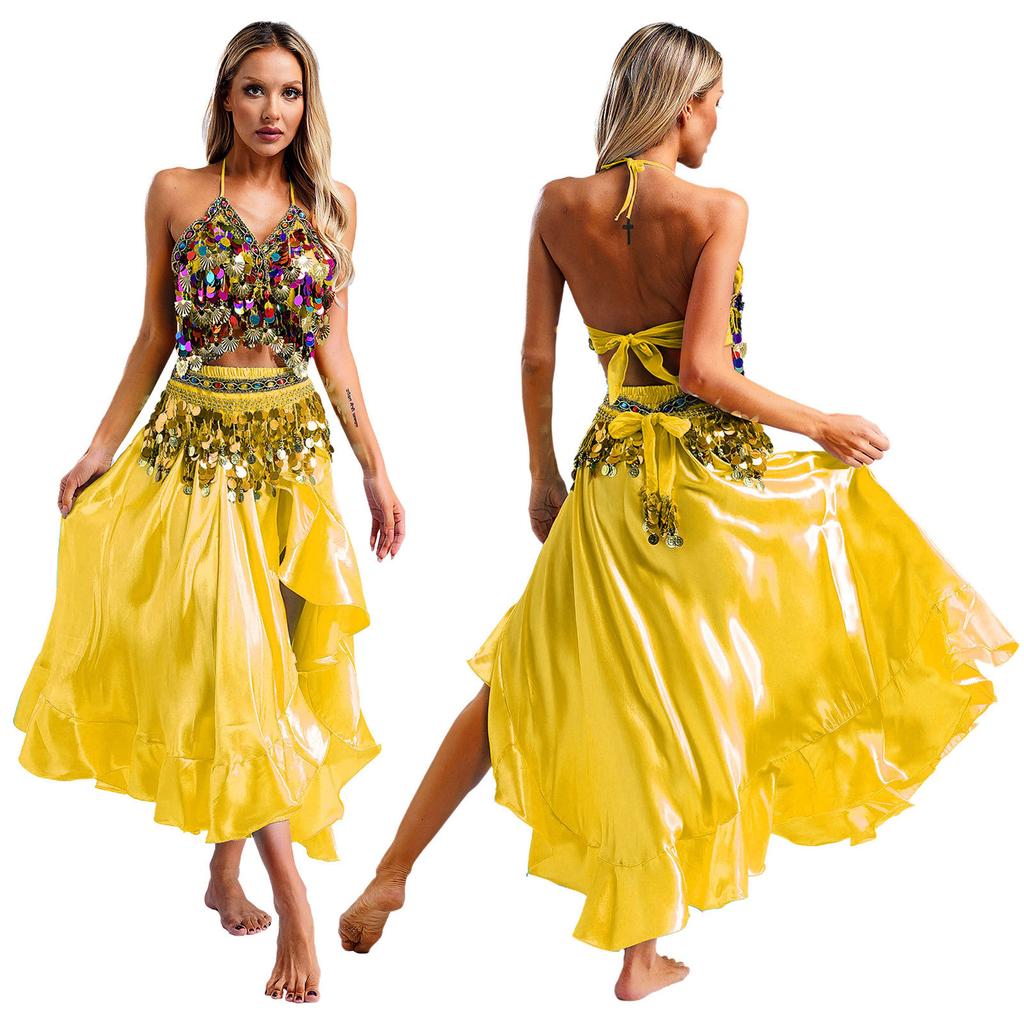 3 szt./zestaw damski orientalny strój do tańca, profesjonalna spódnica do tańca brzucha w stylu latino, hiszpański/meksykański strój do tańca