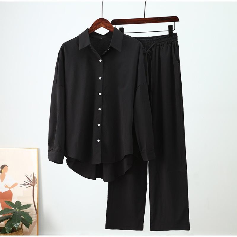 Summer Outfits for Women Fashion Loose Elastic Wrinkle Long Sleeve Shirt Wide Leg Pants Casual Set for Women 2 Piece Set
