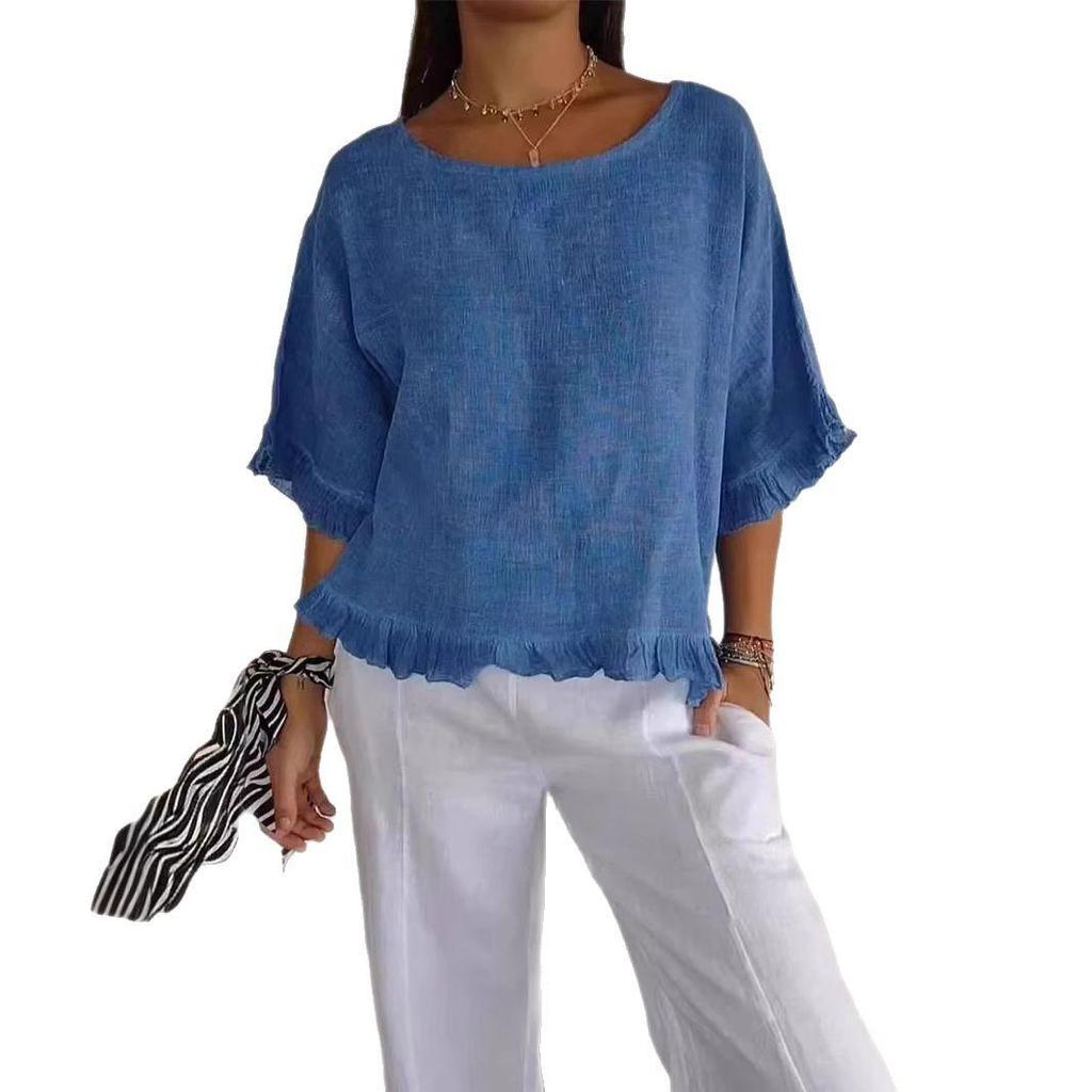 2025 Women's Cotton Linen Loose Fit Short Sleeve Shirt - European & American Style