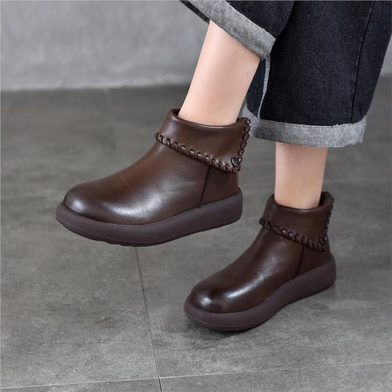 Johnature Turned-over Edge Plush Warm Cotton Shoes Genuine Leather Anti Slip Women's Ankle Boots
