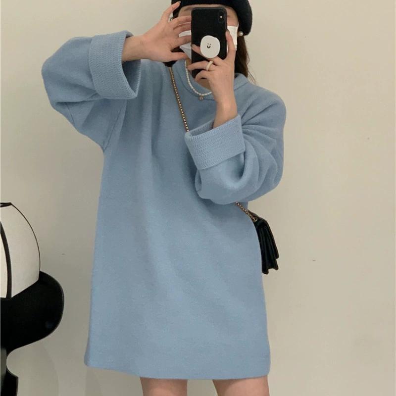 Podzimní a zimní svetr plus size dámský ležérní styl měkký voskový svrchní oděv jednobarevný volný středně dlouhý svetr