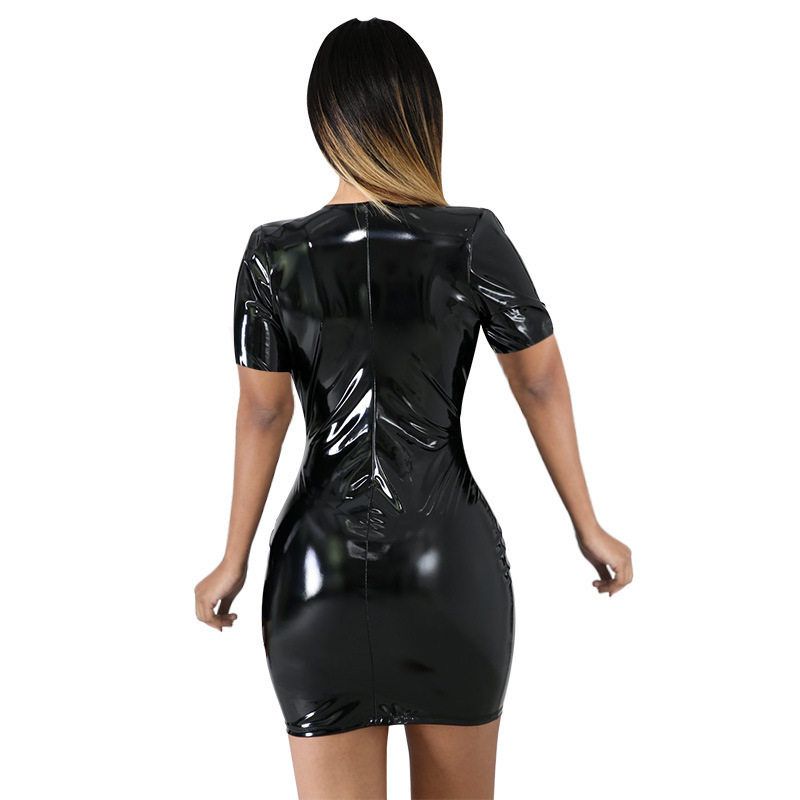 

2025 Colorful Faux Leather Dress with Zipper, Pu High-Elastic Deep V-Neck Short Dress, Four-Way Stretch Leather Skirt, Bodycon Skirt Black M