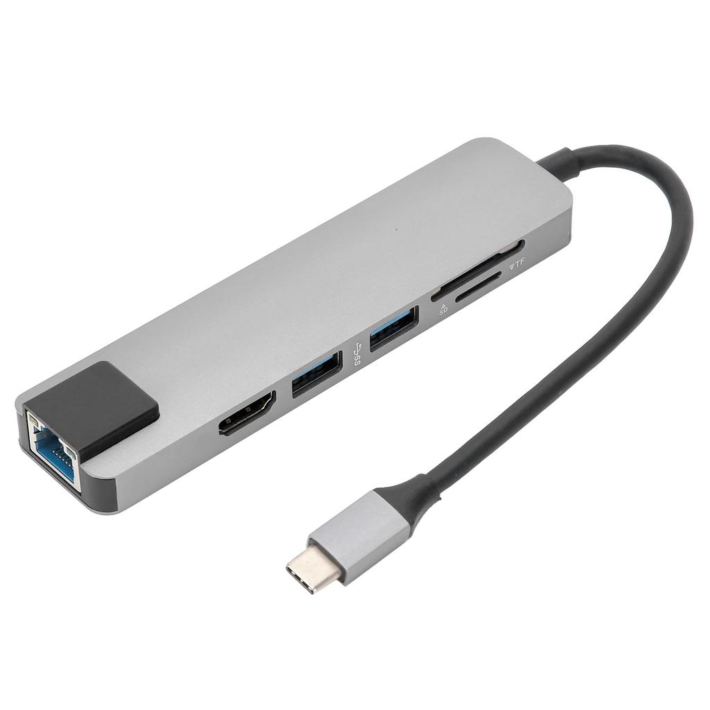6 in 1 Erweiterter externer HUB USB 3.0 HDMI RJ45 Display Mutiport Adapter Rollenmaschinenlinie Typc Grau
