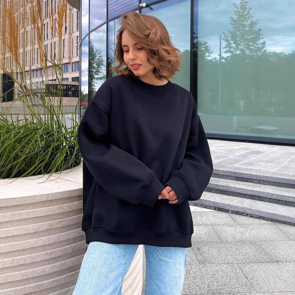 Women's European & American Oversized Fleece Crew Neck Sweatshirt - Solid Color for Autumn/Winter 2025