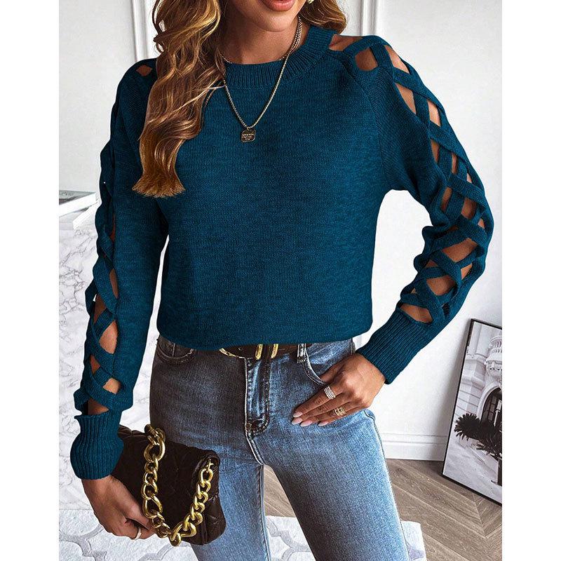 European and American Autumn/Winter Women's Woolen Sweater: Hollow Fabric Strip Patchwork Long Sleeve Knitwear, Round Neck Pullover Top