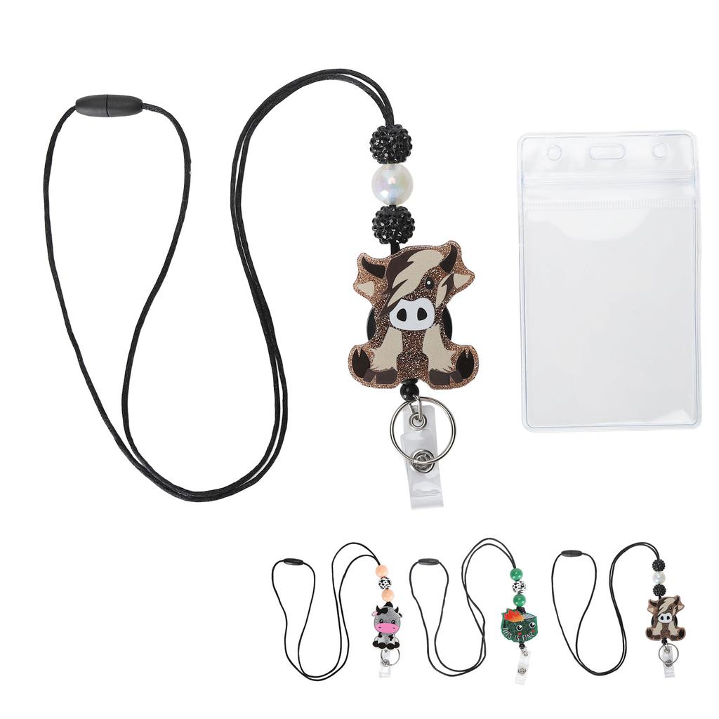Badge Holder with Lanyard Cartoon Beaded Design Adjustable Nylon Cord Bus Card Holder for Office Sch