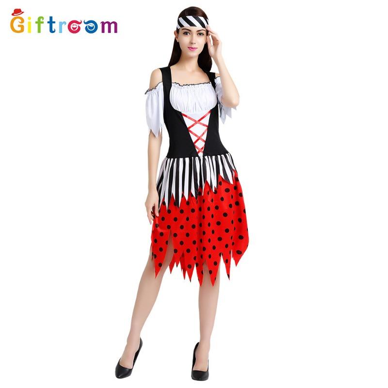Halloween adult female red dress black dot pirate theme character imitation costume