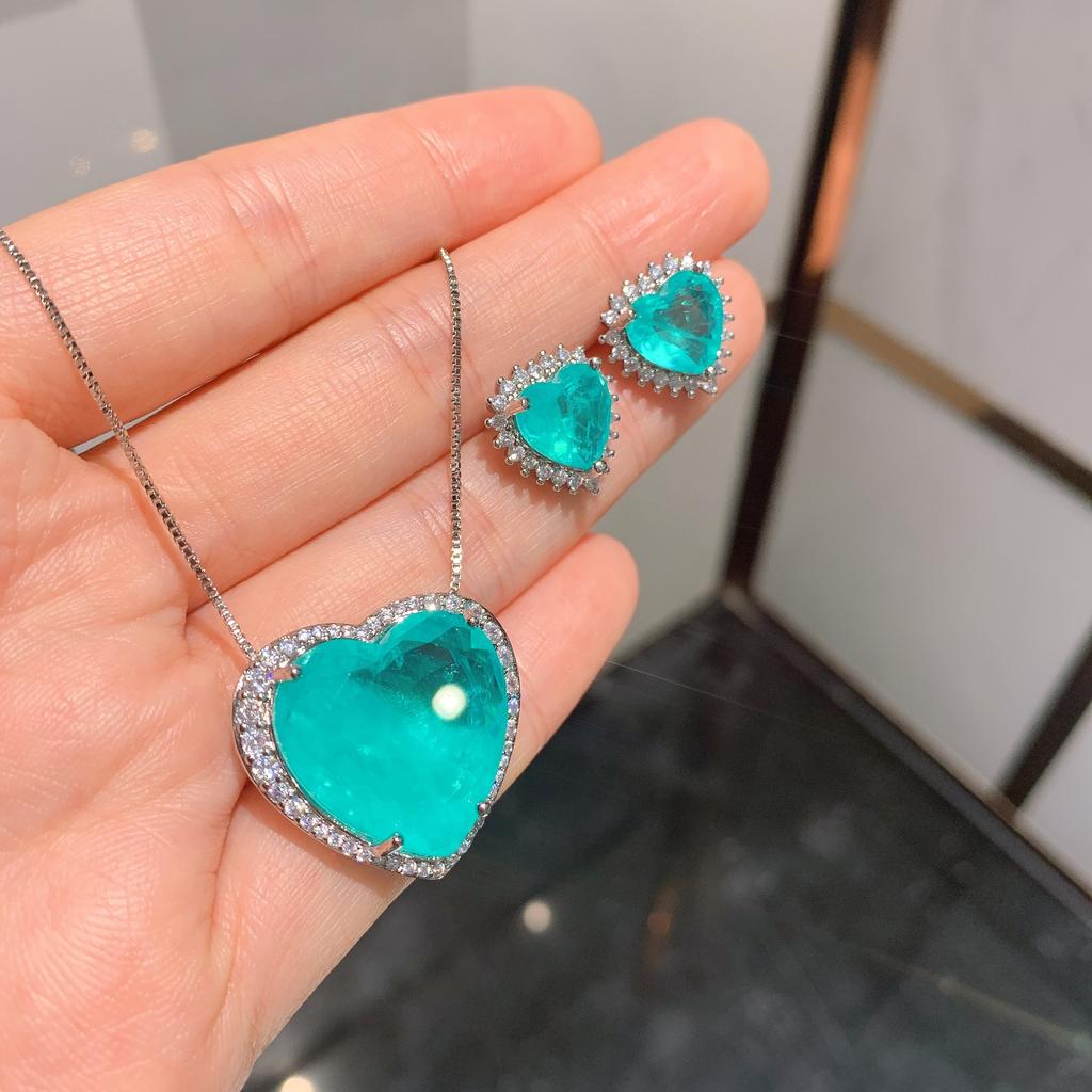 S925 Silver Needle Paraiba Necklace Earrings Jewelry Two Piece Set Wedding Banquet Party Accessories