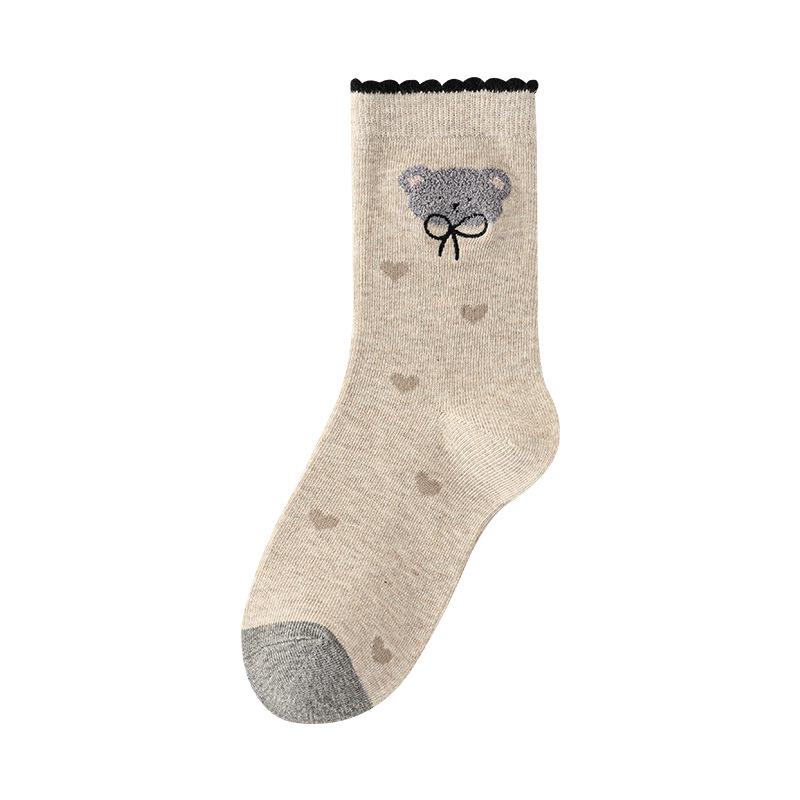 Women's Retro Embroidery Bear Socks - Thick Cotton, Breathable, Half-Fleece, Mid-Calf, Autumn/Winter.