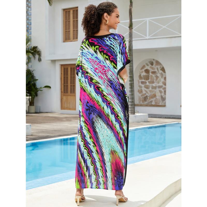 Plus Size Beach Print Dress for Women Bat Sleeve Bikini Suntan Cover Up