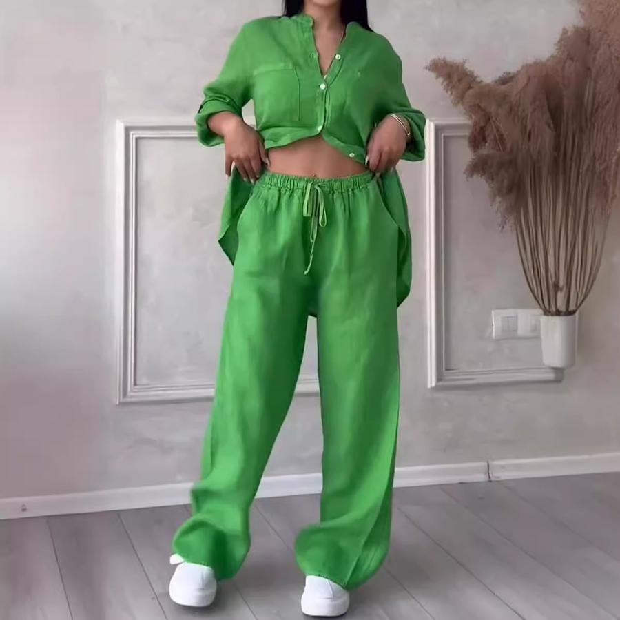 Oversized Loose Top Wide Leg Pants Casual Cotton Linen Set for Women