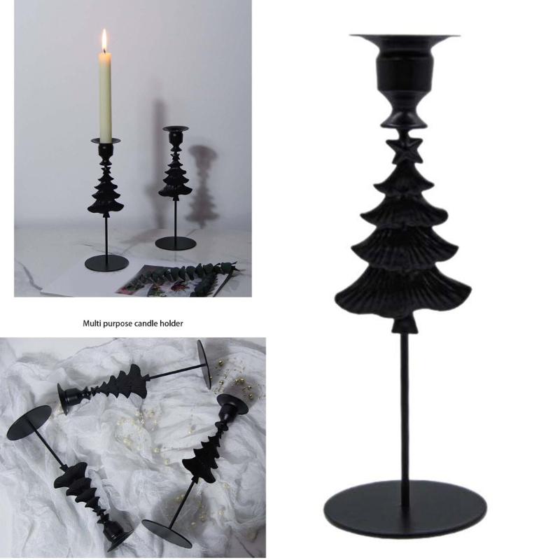 Black Pillar Candle Holder High Footed Metal Christmas Tree Shape Candlestick for Holiday Table Centerpieces Decoration