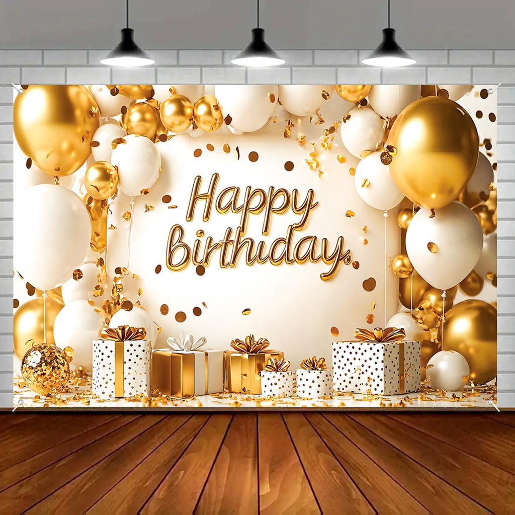 1pcs White and Gold Background Happy Birthday Party Decorations for Home Backdrop Banner 18th 30th 40th Birthday Party Supplies