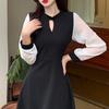 Women's Hepburn Wind Long Sleeve Color Contrast Dress Spring Lacing Waist Temperament Hollow Dress