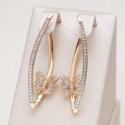 Kadınlar için Moda Altın Rengi Geometrik Kelebek Küpeler Zirkon Mikro Kakmalı Uzun Sarkıt Küpeler Zarif Düğün Takıları