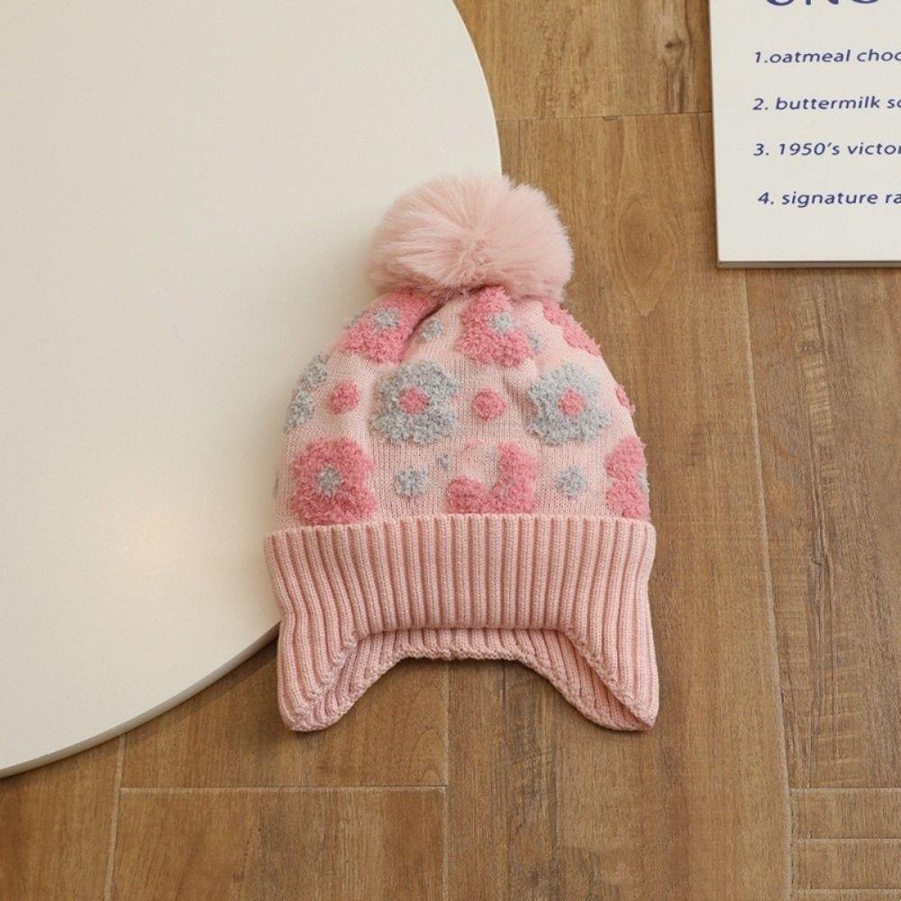 Winter Flower Ear Protector Hat Kids Warm Pompom Knitted Hats Toddler Bonnet  Children's Outdoor