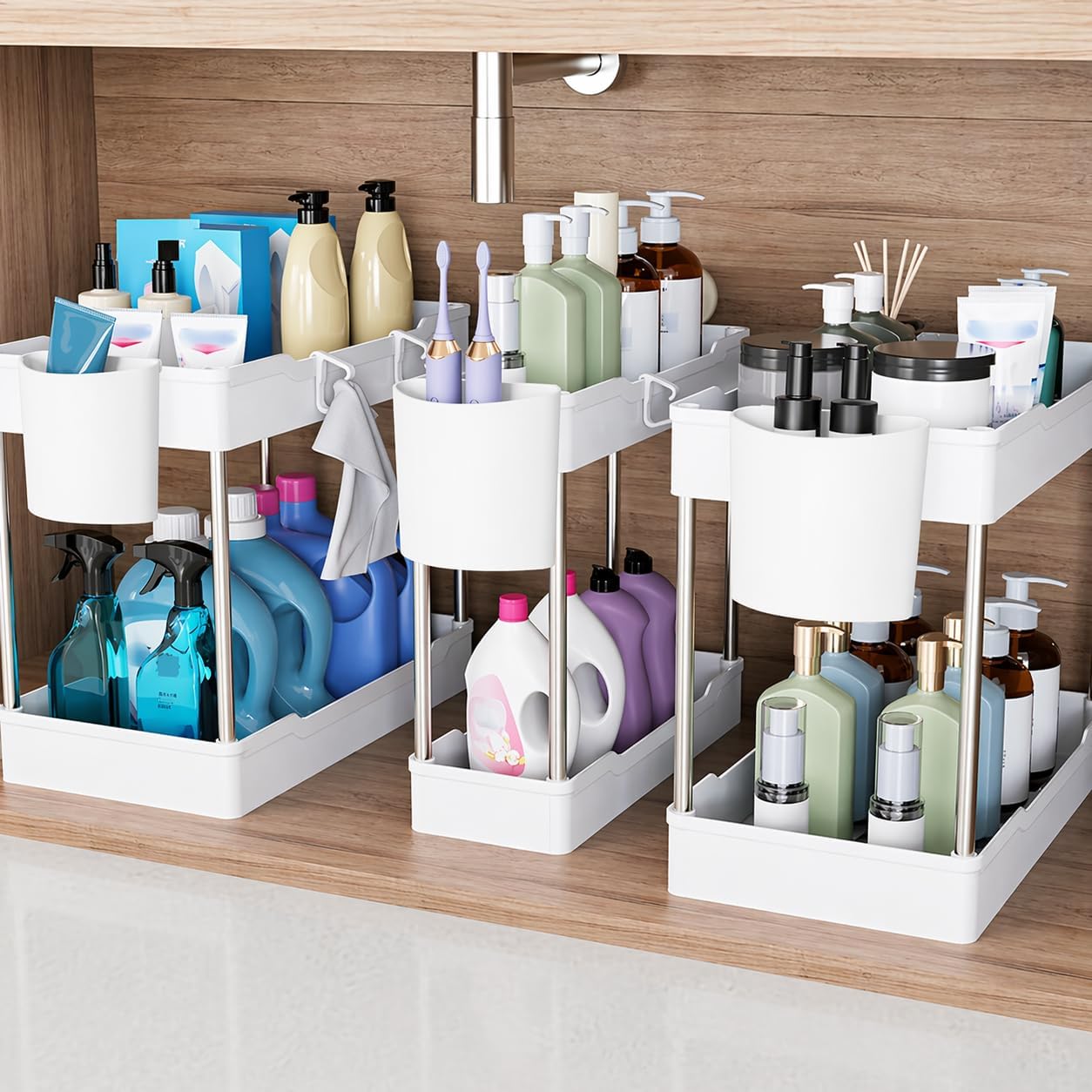 Lot de 3 Organiseurs et Rangement Sous Évier Étagère Organiseur d'Armoire de Salle de Bain à 2 Niveaux Avec Tasses Suspendues Pour Cuisine Salle de Bain (blanc) United States gray