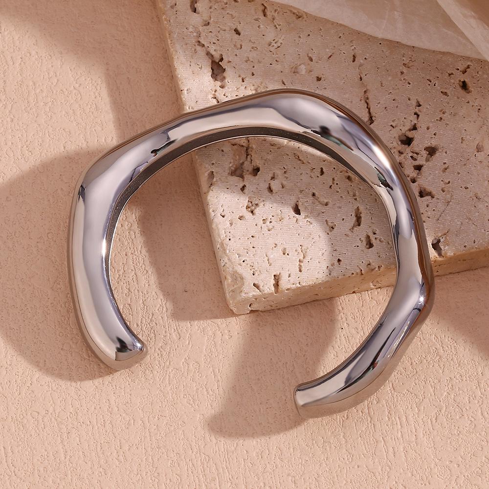 18K Gold-Plated Stainless Steel Wave Open Bangle for Women