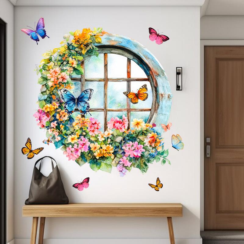 3D Fake Window Wall Sticker Self Adhesive Window Sill Flower Butterfly Decal for Living Room Bedroom Decoration Home Decor