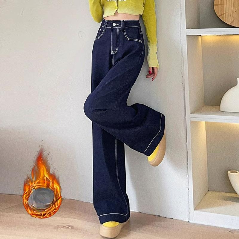 Design Sense Leather Brand High-waisted Jeans Women's Plus Velvet Denim Blue Loose Thickened Wide-leg Trousers Warm Mopping Pants