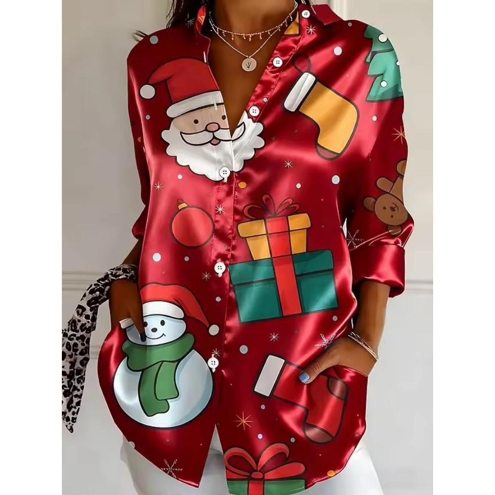 Women's Santa Claus Print Blouse, Elegant Long Sleeve Shirt Collar, Vintage Holiday Style, Fall Winter Work Daily Wear