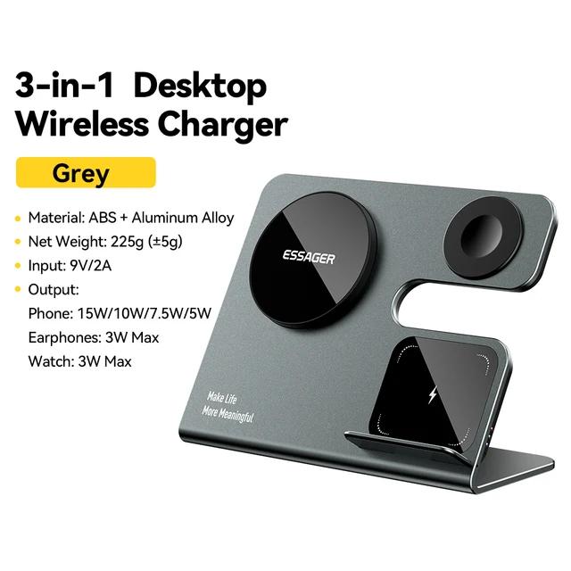

Essager 3 в 1 магнитное беспроводное настольное зарядное устройство PD15W быстрая зарядная станция для iPhone 15 14 13 12 Pro Max Apple Watch Airprods 3-in-1 15W серый