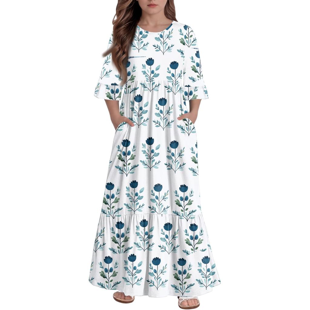Girls' Tiered Ruffle Dress - 3/4 Sleeve Pocket Maxi With Pockets