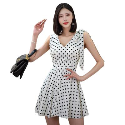 GRAXIA Cabaré Mini Hostess Vestido de Bolinhas Tamanho G, Vestido, Rodado, Linha A, Sem Mangas, Vestido, Estampado, Fita, Feminino, Branco,