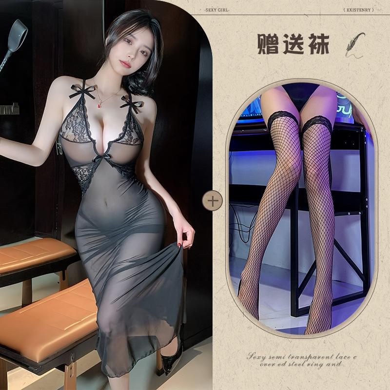 Sexy long dress sexy underwear perspective deep V lace dress night OL professional uniform tight
