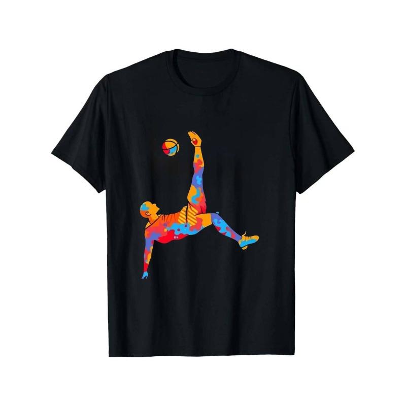 European sizes Men'S Black Short Sleeve T-Shirt with Colorful Soccer Player Graphic Print, Casual Sports Streetwear, Crew Neck