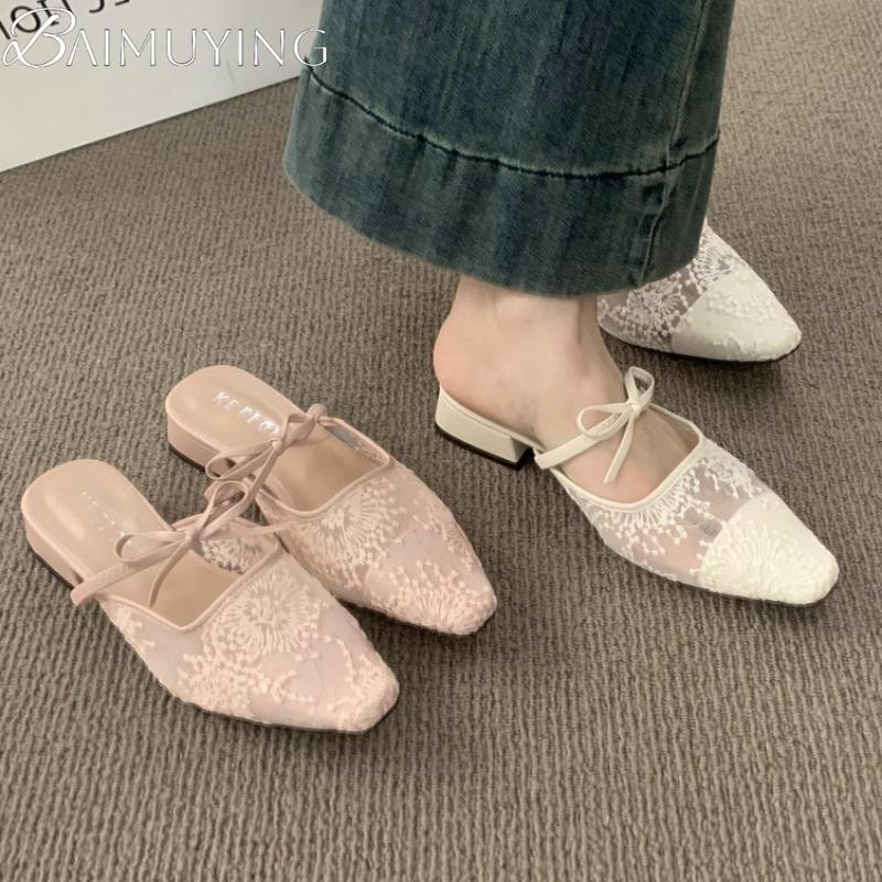 Fashion Bow Women Slippers Heeled Sandals Pointed Toe Mesh Mules Shoes Woman 2025 Trend Summer Elegant Dress Loafers Shallow Sandalias