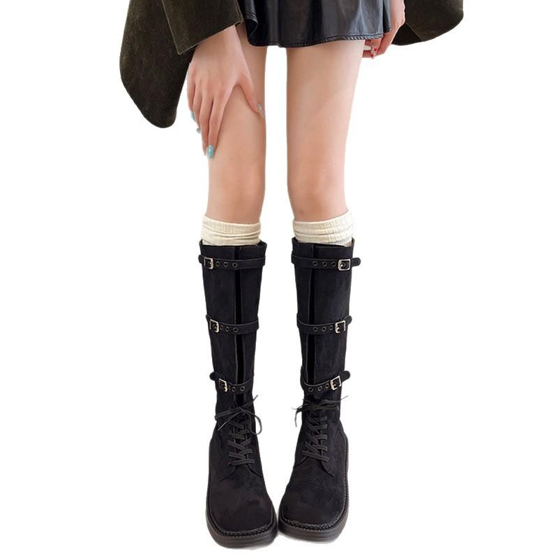 Yueyu Versatile Miu Boots Women's 2025 New Strap High Knight Boots Square Head Buckle But Knee Boots