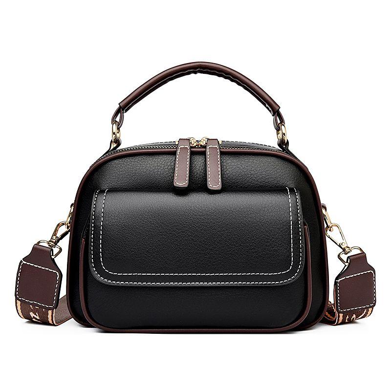 

Bag Female Soft Carry Handle Double Layer Zipper One Shoulder Genuine Leather Bag Black