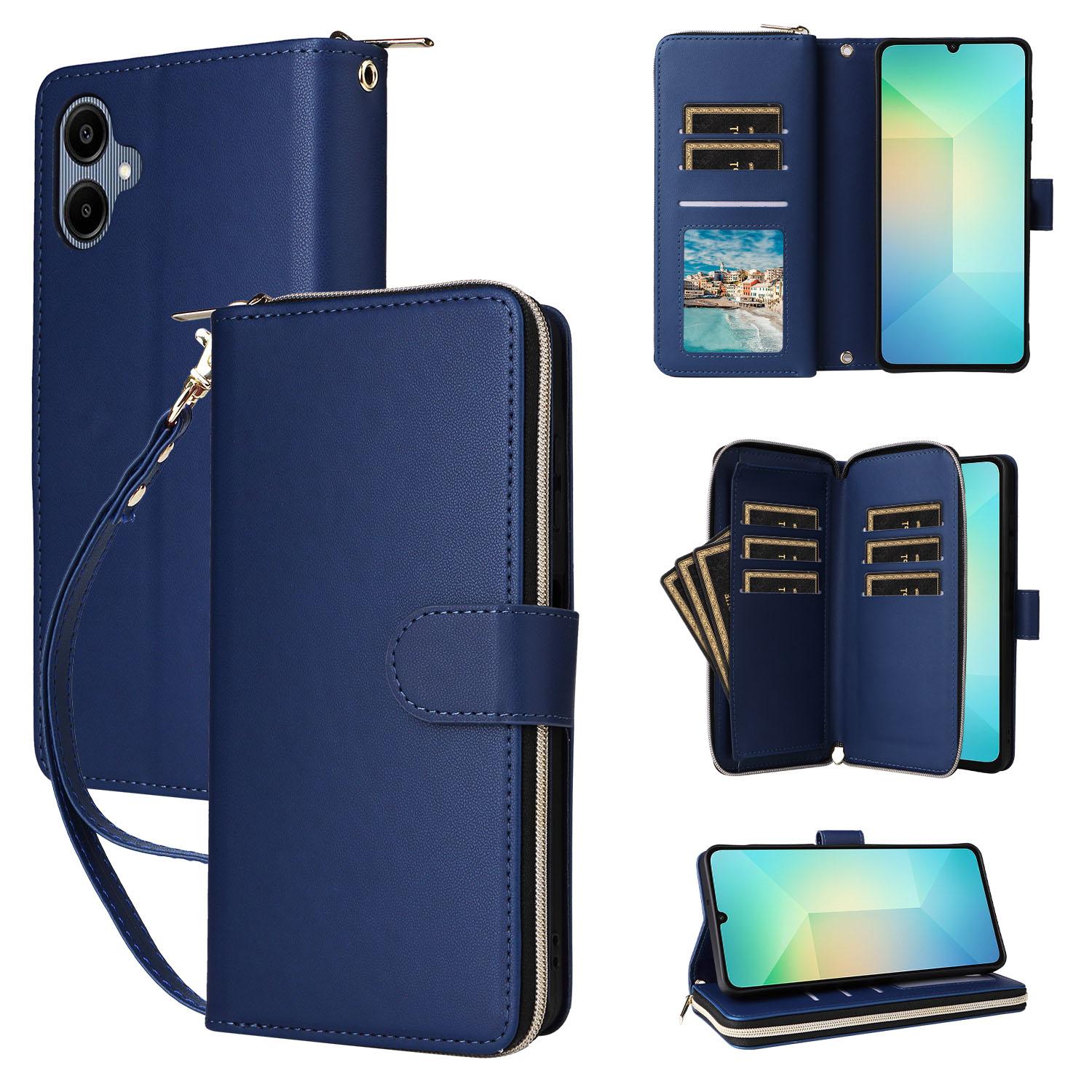 

For Samsung Galaxy A07 4G Case 9 Card Slots Zipper Pocket PU Leather Phone Cover with Wrist Strap Blue
