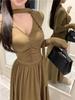 Niche Design Pleated Ribbon A-line Knit Dress – Women's Spring/Autumn Slimming Long Style