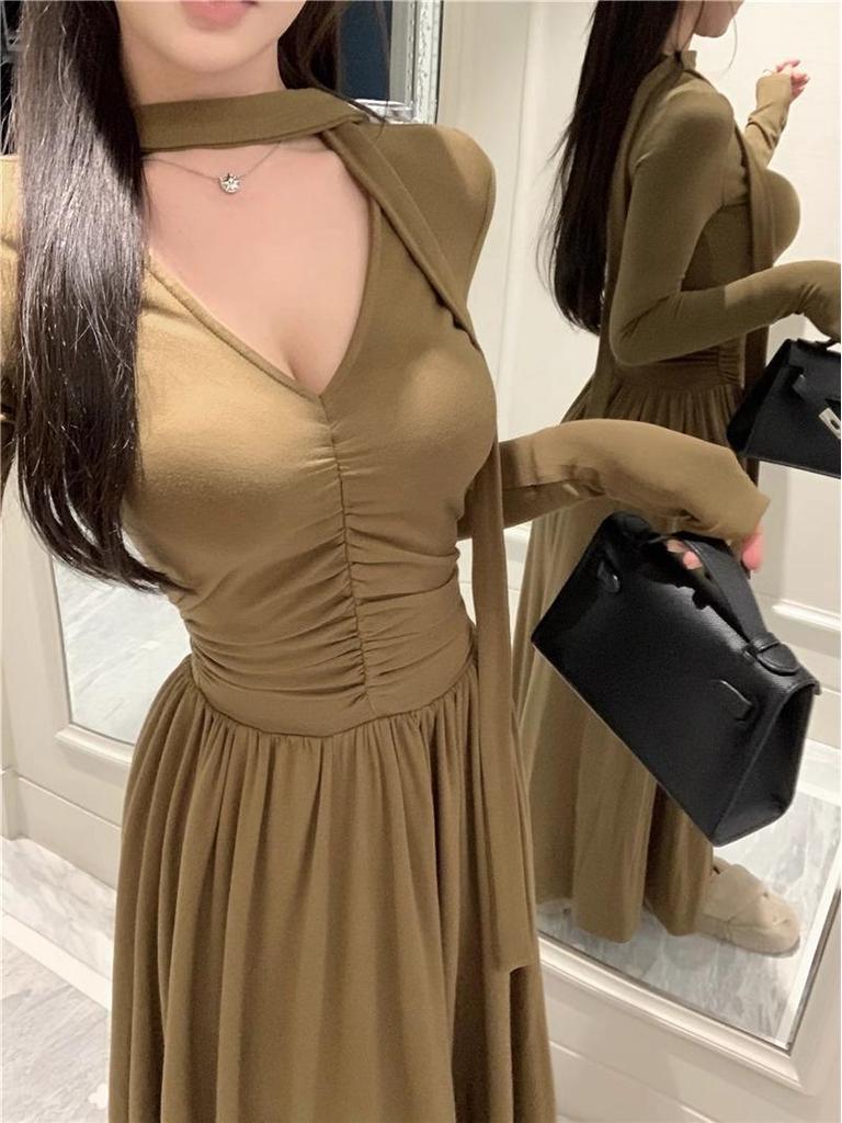 Niche Design Pleated Ribbon A-line Knit Dress – Women's Spring/Autumn Slimming Long Style