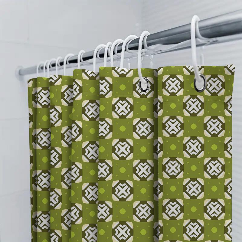 Green White Geometric Shower Curtain For Bathroom Decor Modern Print, Polyester Fabric Size 72X72 Inches Or 180Cm X 180 Cm (Larg