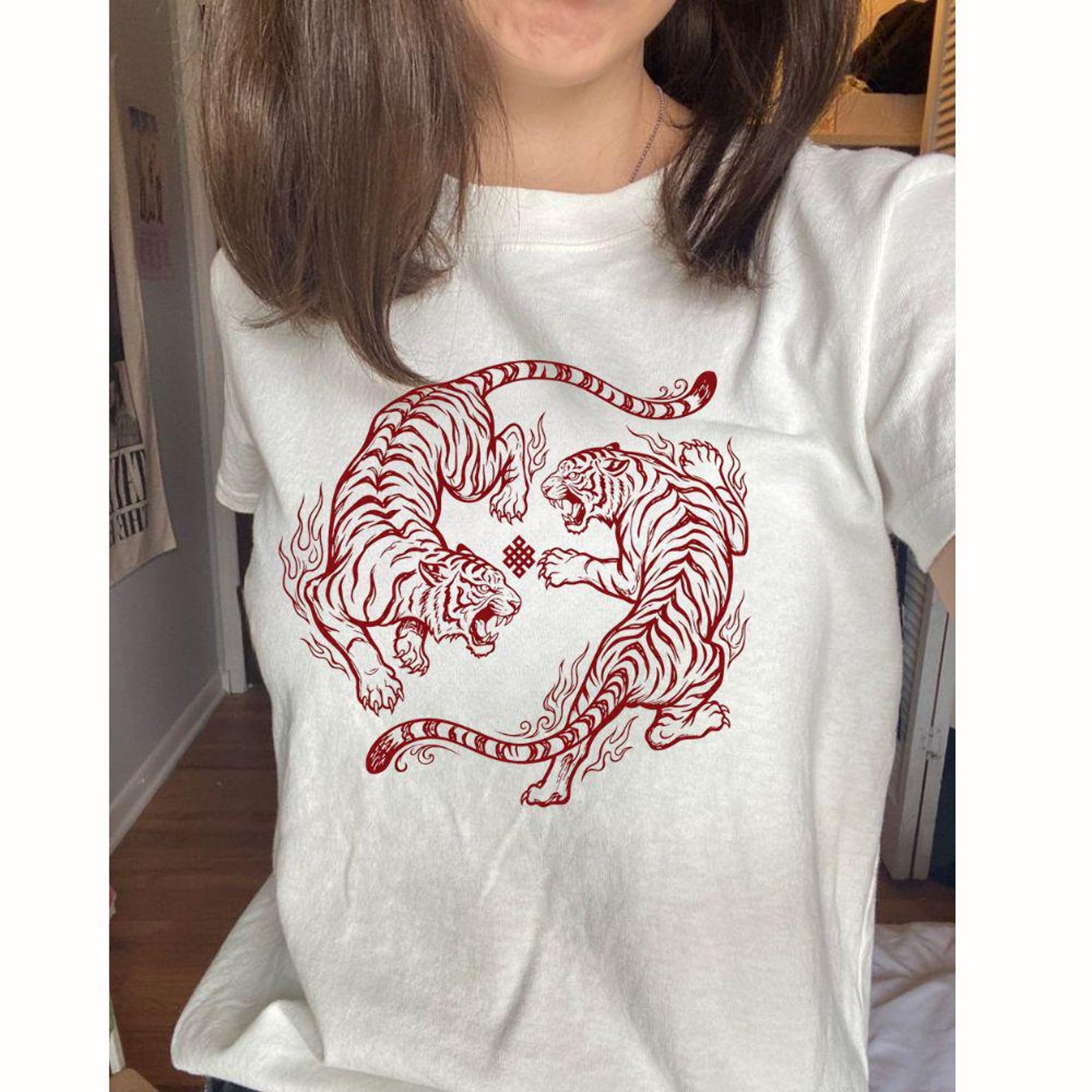 Fighting Tigers Shirt, Japanese Tiger Graphic Tee | Asian Art Unisex T-Shirt | Tattoo Style Gift L