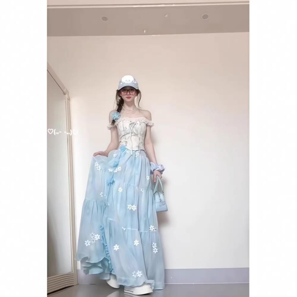 Summer new waist lace-up design one-word shoulder top with fairy mesh skirt long two-piece set