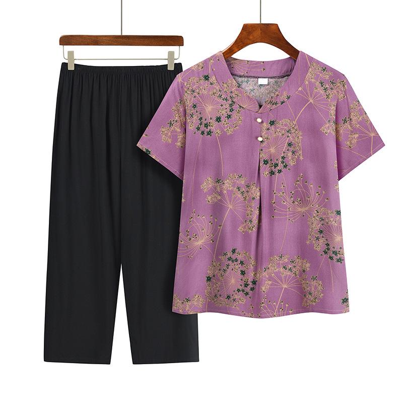 Summer Print Two-Piece Set for Middle-Aged and Elderly Women: Short-Sleeved Top and Grandma Style Outfit
