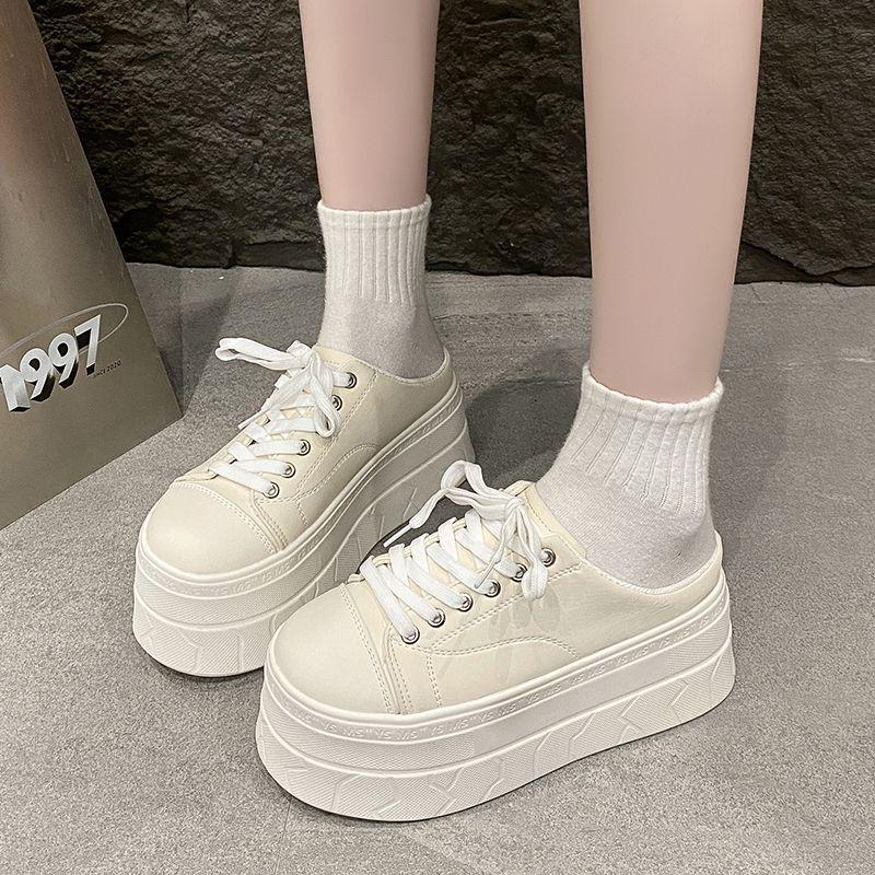 Women's White Thick-Soled Platform Mules - Closed-Toe, Backless, Petite Height Boost, Spring/Summer