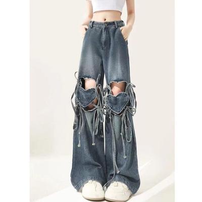 Calças Jeans Femininas Y2k Harajuku Estética Anos 90 Baggy Bandagem Jeans Calças Jeans Coreanas Coração Vazado Jeans Vintage Roupas Anos 2000