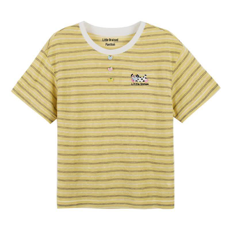 Xiaoyinman Girls' Striped Embroidered Short-Sleeve T-Shirt