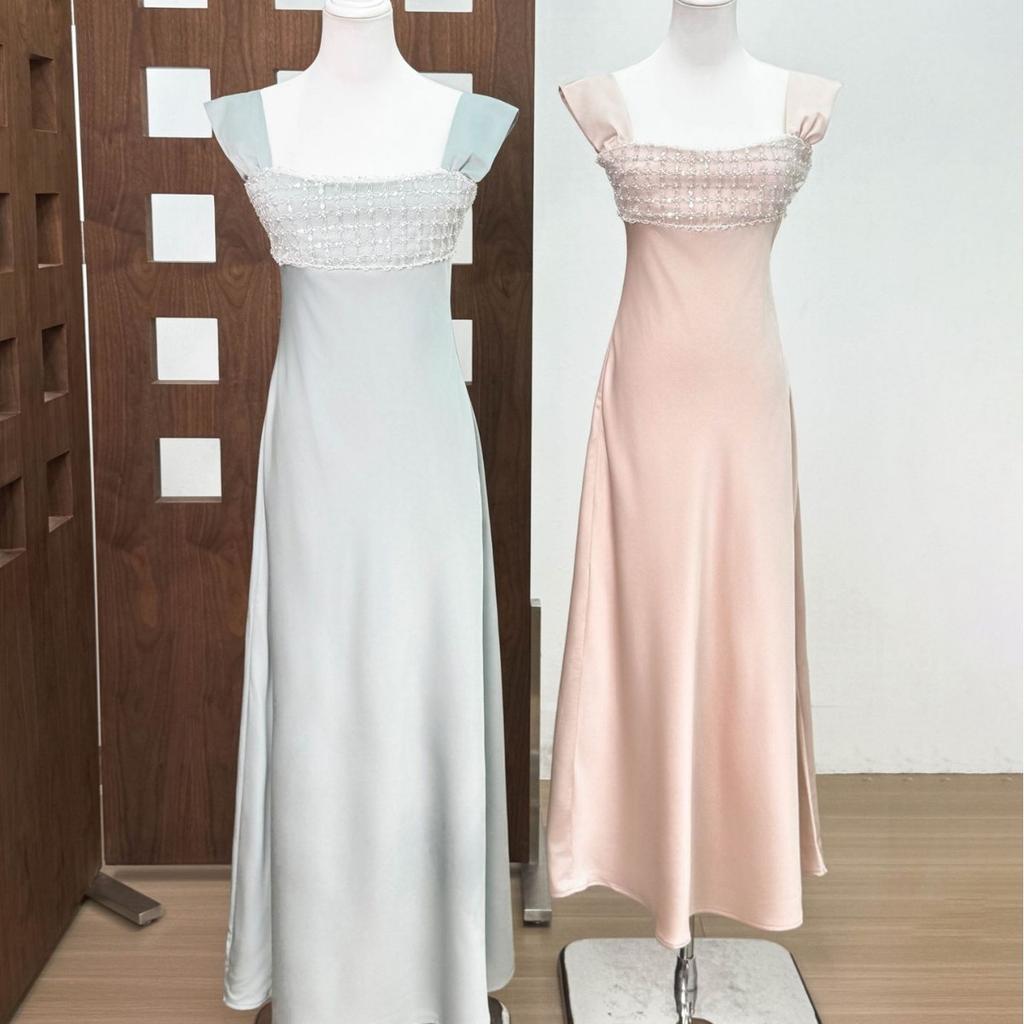 Niche dress 2026 early spring new French court satin rhinestone extravagant long dress sleeveless dress