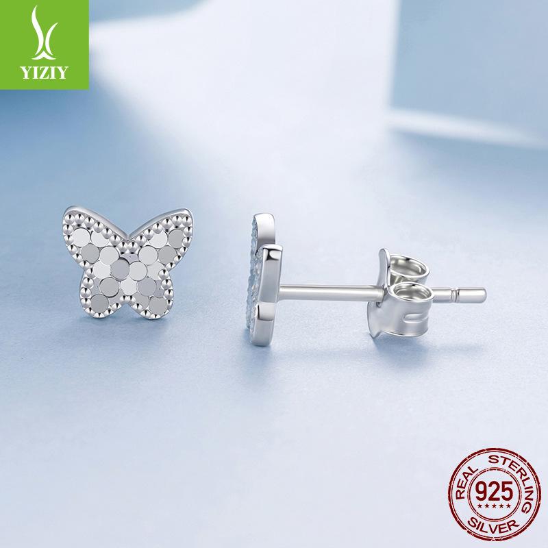 S925 Sterling Silver Sparkling Butterfly Stud Earrings Women'S Sequin Design Plain Silver Stud Earrings