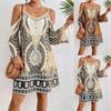 Women's Boho Geometric Print Cold Shoulder Spaghetti Strap Flare Sleeve A Line Mini Dress