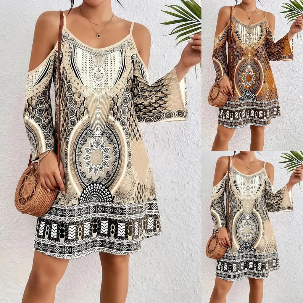 Women's Boho Geometric Print Cold Shoulder Spaghetti Strap Flare Sleeve A Line Mini Dress